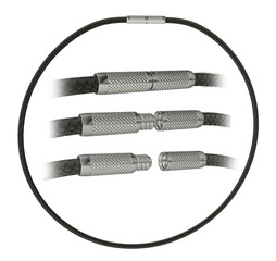 Black braided cord bracelet or choker necklace with silver tone metal cylindrical clasp. Close-up of screw-down clasp. 3d illustration transparent background