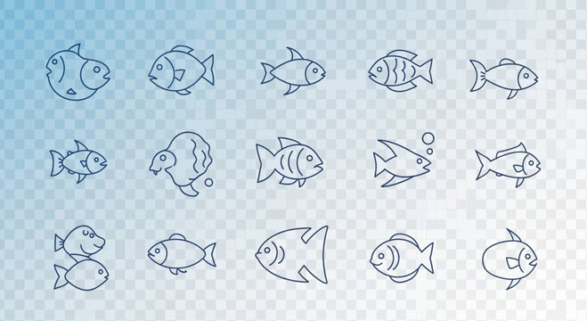 Collection of outlined fish icons, various styles, minimalist line art design elements perfect for