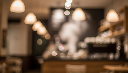 Cozy cafe lighting produces smooth bokeh across the interior, merging warm tones and soft shapes into a tranquil scene that emphasizes comfort, relaxation, and a peaceful atmosphere.