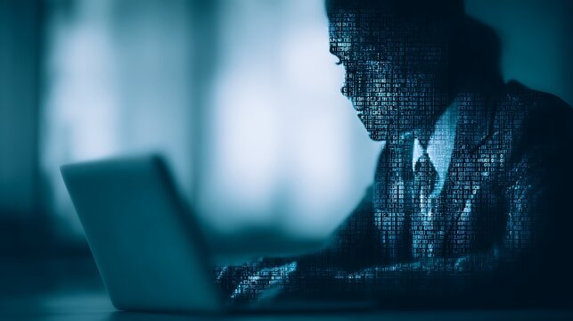 A silhouette of a person working on a laptop, overlaid with binary code, symbolizing technology and digital innovation.