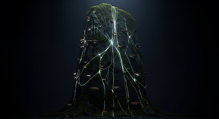 Mysterious glowing forest tree illuminated by ethereal blue light streaks in dark enchanted woods