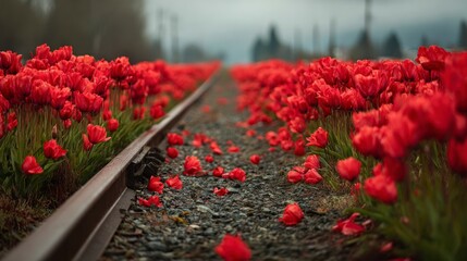 Red tulips on railroad tracks