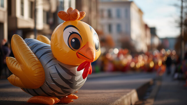 Gratitude procession with giant inflatable structures defocused parade background thanksgiving balloon display festive street event holiday procession scene community