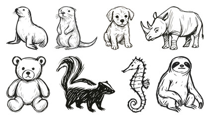 Obraz premium PNG Hand-drawn animal sketch collection, element set on transparent background