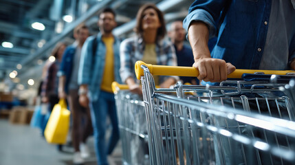 Low perspective of busy retail customers with shopping containers defocused environment background capturing dynamic energy consumer excitement scene major sale event