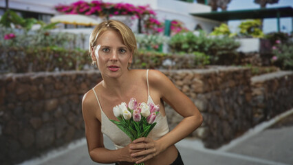 Woman holding tulips shielding eyes on street with stone wall and bougainvillea, wearing camisole and bare midriff; reflection serenity.
