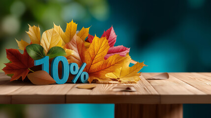 Autumn season reduction promotion with vibrant foliage defocused teal background fall savings announcement colorful leaf display seasonal sale visualization discount event