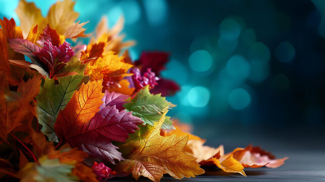Autumn season reduction promotion with vibrant foliage defocused teal background fall savings announcement colorful leaf display seasonal sale visualization discount event - Powered by Adobe