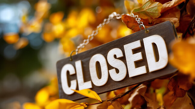 Closure notification on gratitude day message with autumn foliage defocused seasonal background thanksgiving announcement sign falling leaf surround business holiday notice