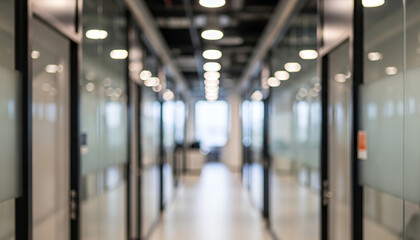 Bright illumination from circular ceiling fixtures guides the view through a sleek office hallway where frosted glass walls and reflective surfaces form a serene, contemporary professional setting.