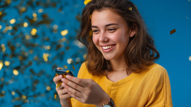 Enthusiastic young individual using mobile device under descending golden confetti faceless person azure backdrop celebration announcement concept online communication scene