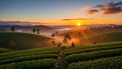 Breathtaking Sunrise Over Rolling Tea Plantations in a Misty Landscape.