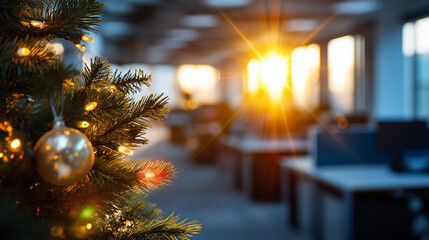 Workplace decorated for yuletide season defocused warm illuminated office atmospheric holiday setting decorated evergreen centerpiece radiating joy display festive business