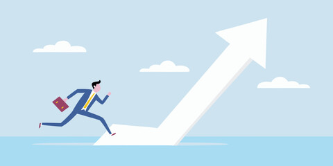 Businessman running up an upward trending arrow towards the sky