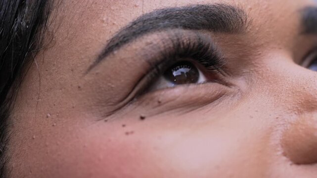 Woman Eyes With Well Defined Eyebrows And Long Eyelashes Slowly Opening And Looking Up In Extreme Close Up Detail
