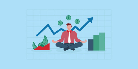 Man meditating amidst financial growth charts and money symbols