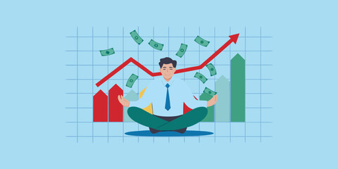 Man meditating amidst financial growth and falling money