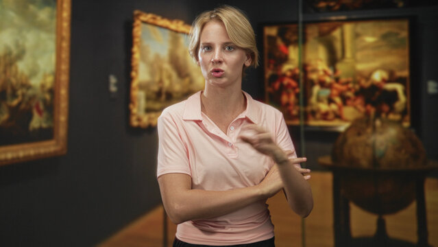 Blond caucasian woman with crossed arms gesturing at framed paintings and a globe exhibit in a museum wearing pink polo; art discussion confidence.