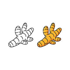 Turmeric root outline and colored cartoon illustration