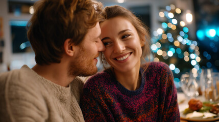 Fototapeta premium Yuletide embrace with couple in dining area faceless individuals defocused residence background family gathering celebration food holiday tradition love banquet dinner