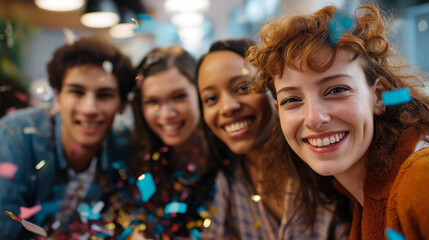 Varied collective of cheerful companions at gathering faceless joyful individuals defocused confetti background laughing together scene festive holiday event concept diverse