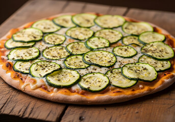 A freshly baked zucchini and mozzarella pizza on a wooden table