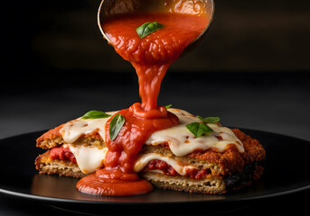 Ladle pouring rich tomato sauce over chicken parmigiana