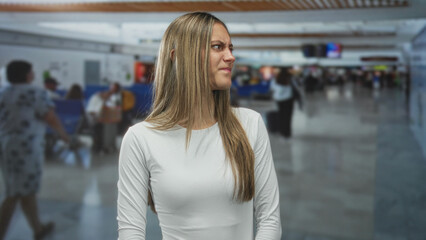 Fototapeta premium Woman frowning with scrunched face and white long sleeve top at airport terminal; annoyance travel stress.