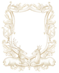 Watercolor wedding crest, holiday frame, reindeer couple,  beige ornament, baroque