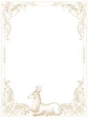 Watercolor wedding crest, holiday frame, reindeer,  beige ornament, baroque