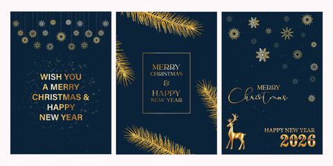 Merry Christmas and Happy New Year greeting card. Golden luxury background with snowflakes on blue background. Vector illustration