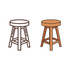 Stool line art and colored wooden furniture illustration.
