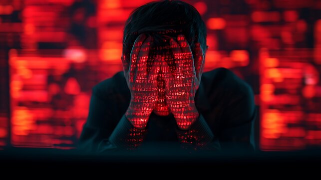 A person sits in front of screens displaying red data, holding their head in despair, symbolizing stress or anxiety related to technology and information overload.