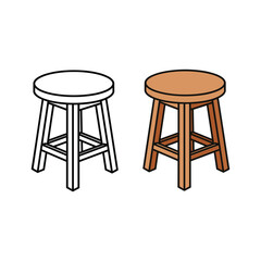 Simple wooden stool outline and colored illustration