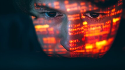 A focused individual stares intently at a screen displaying vibrant code and data, highlighting themes of technology and digital engagement.