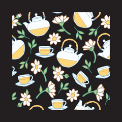 Floral Tea Pattern with Herbal Drink and Blooming Flower. Perfect for tea packaging, kitchen textiles, cafe decor, wallpaper, and cozy beverage-themed design. Ideal for herbal and floral tea concept.