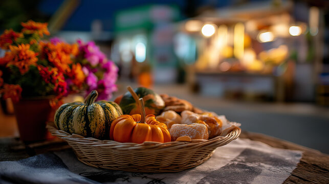 Gratitude street fair with autumn illumination and decoration defocused small town background blurred celebration scene seasonal advertisement display festival poster visual