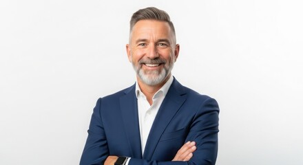 Smiling man in blue suit with arms crossed on white background