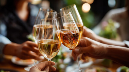 Collective raising sparkling wine vessels during residential gathering faceless celebrants blurred home party background champagne toasting scene festive celebration moment