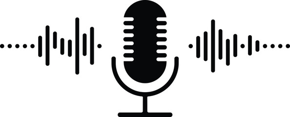 Modern condenser microphone icon with dynamic sound wave visualizer, representing audio production, digital podcasting, live streaming, voice commands, recording studio, broadcasting