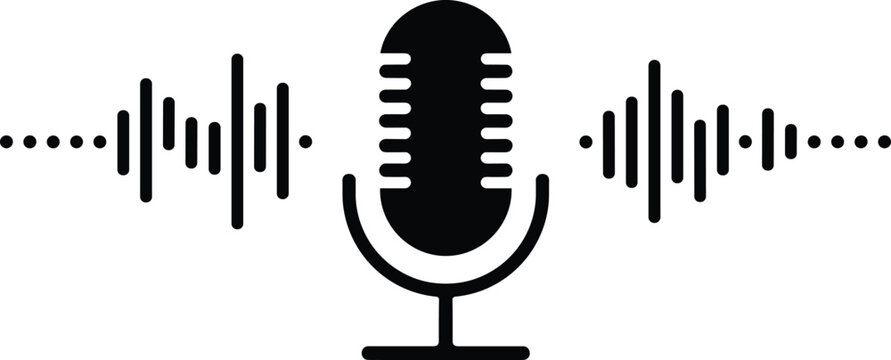 Modern condenser microphone icon with dynamic sound wave visualizer, representing audio production, digital podcasting, live streaming, voice commands, recording studio, broadcasting
