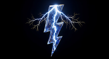 Powerful electric blue lightning bolt striking downwards with branching energy and glowing particles against a dark background