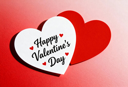 Happy day message on white heart shape cutout with smaller red hearts on vibrant red and pink gradient background - Powered by Adobe