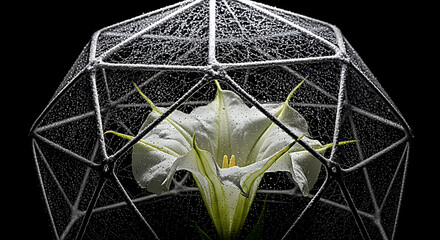 Delicate white flower encased within a geometric crystalline structure against a dark background