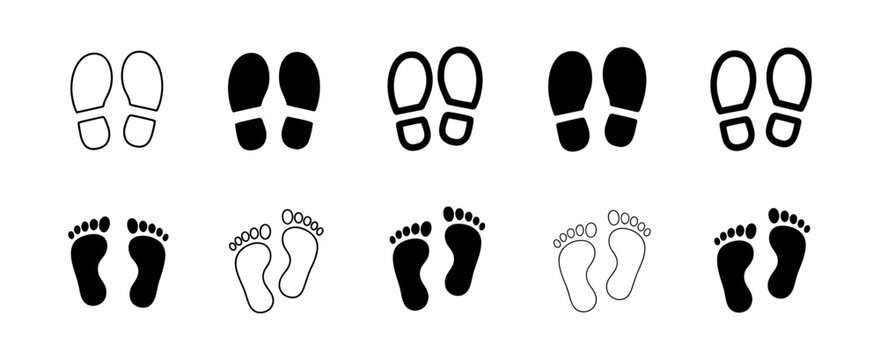 Diverse set of human shoe and bare foot prints icons, illustrated in black solid and outline vector styles, symbolizing progress, journey, and path.