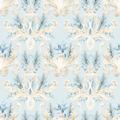 Watercolor winter holiday seamless backdrop in vintage ornate style with blue fir branches and beige ornaments