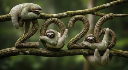 Obraz premium Sloths Forming Year Numbers on Branch - Three sloths cling to a branch shaped like the year 2026 in a lush, green environment