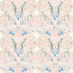 Watercolor winter holiday seamless backdrop in vintage ornate style with blue fir branches and beige ornaments