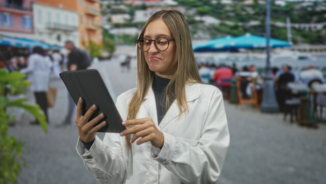 Woman holding tablet, fingers tapping touchscreen while wearing a white coat on a busy street cafe with umbrellas and outdoor tables; skepticism.