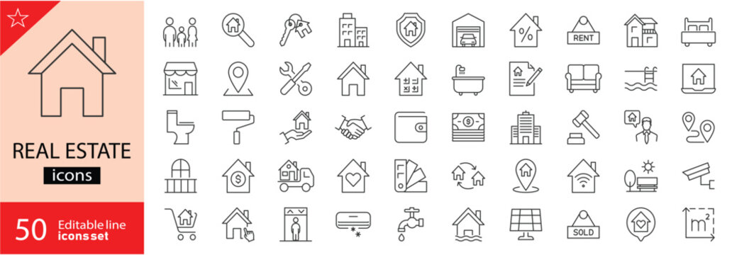Real estate icons set. Includes symbols of houses, buildings, property sales, location pins, rent, mortgages, and construction. Editable stroke. Vector illustration. Outline icons.